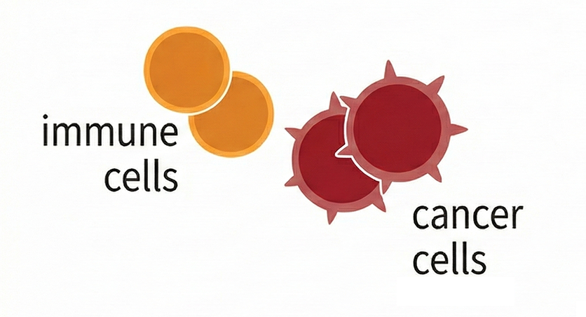 Simplified illustration of immune cells and cancer cells as clear, easy-to-distinguish shapes.